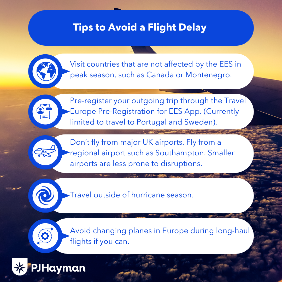 P J Hayman's Tips To Avoid a Flight Delay infographic 