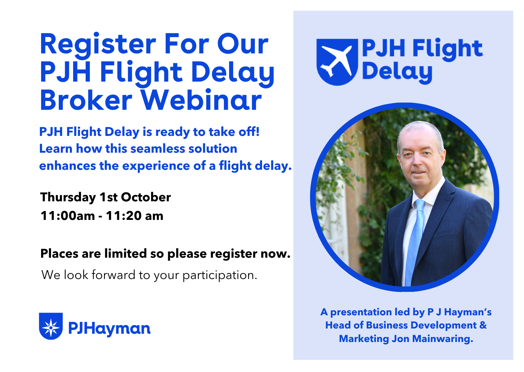 Register for the PJH Flight Delay Webinar banner October 1st