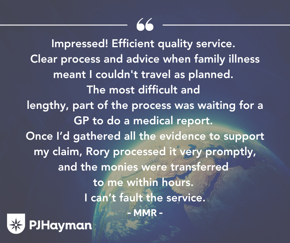 a customer review for P J Hayman's claims service which illustrates P J Hayman as a trusted travel insurance provider 